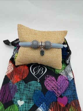 Brighton Pale Blue MdLg WoodstockLeather Bracelet with Silver Beads and Teardrop